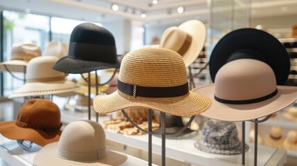 A display of trendy, oversized hats in different styles and materials, arranged on elegant stands in a bright, modern store.