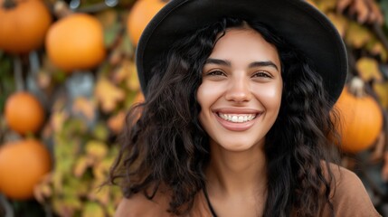 a woman smiles as she stands in front of pumpkins