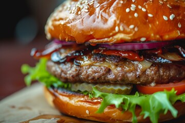 Wall Mural - Close-up of a cheeseburger with lettuce, tomato, onion, and sauces on a sesame bun