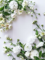 A simple yet elegant decoration featuring a white frame adorned with white flowers and green leaves