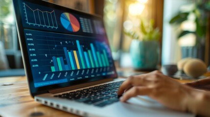 Poster - A digital pie chart on a laptop screen with a hand typing financial analysis notes.