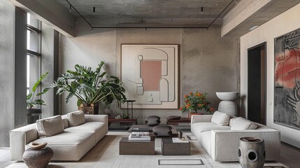 Sticker - This image features a modern industrial living room adorned with large abstract paintings on grey walls, complemented by stylish furniture and touches of greenery, creating a chic space.