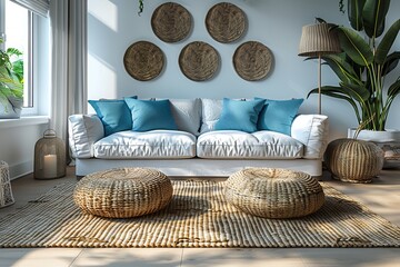 Canvas Print - The image showcases a cozy living room with a white sofa accented by blue pillows, woven decor, plants, and natural lighting, creating a serene and inviting atmosphere.