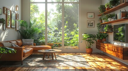 Sticker - A sunlit living room featuring a comfortable brown leather sofa, a variety of lush plants, and various decor elements arranged in a cozy and inviting manner.