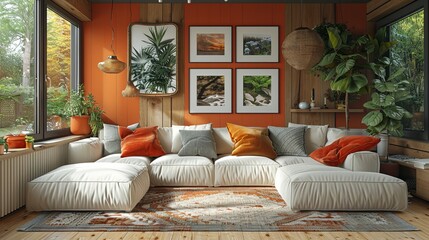 Wall Mural - A vibrant living room highlighted by a creamy sectional sofa adorned with colorful cushions, orange walls, various plants, and nature-inspired decor elements, creating an inviting atmosphere.