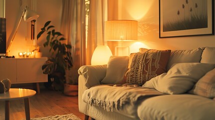 Poster - A cozy living room featuring a comfortable sofa, warm ambient lighting, and decorative items creating a relaxing atmosphere.