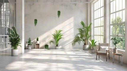 Poster - An industrial-style room with floor-to-ceiling windows allowing ample sunlight. The space is adorned with various potted plants, creating a green and airy atmosphere.