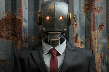 Poster - Humanoid robot wearing a suit and tie stands before an aged, corroded metal backdrop