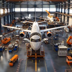 Wall Mural - A large white airplane is sitting in a hangar with a smaller white airplane in the background. The hangar is filled with various airplanes and equipment, giving off a sense of a busy