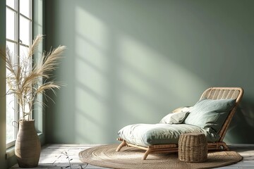 Poster - A minimalist, light-filled room with a cushioned wicker chair, a circular rug, and sunlight casting shadows through a window.