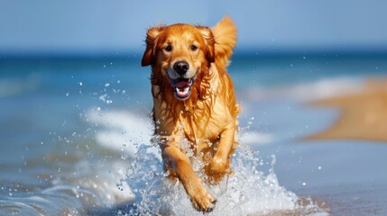 Poster - A Golden Retriever running through shallow water at the beach, enjoying a splash.