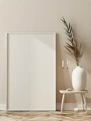 Wall Mural - A minimalist white frame rests on a sleek stool with a vase filled with pampas grass. Two elegant slim candles sit nearby on the same surface creating a chic ambiance.