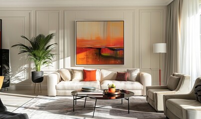 Wall Mural - An elegant living room showcasing a large abstract art painting, beige sofas, and indoor plants, all arranged in a modern decor style creating sophistication.