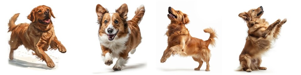 Four happy dogs jumping and playing isolated on a white background. Energetic and joyful pet moments captured mid-air.