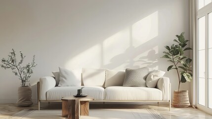 A minimalist living room with a white sofa bathed in soft natural light, complemented by green potted plants creating a peaceful and airy atmosphere.