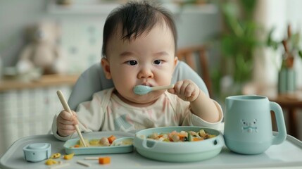 Wall Mural - A baby is eating food from a blue cup and spoon