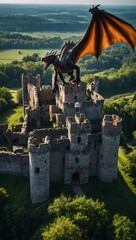 Wall Mural - Dragon flying over medieval castle ruin