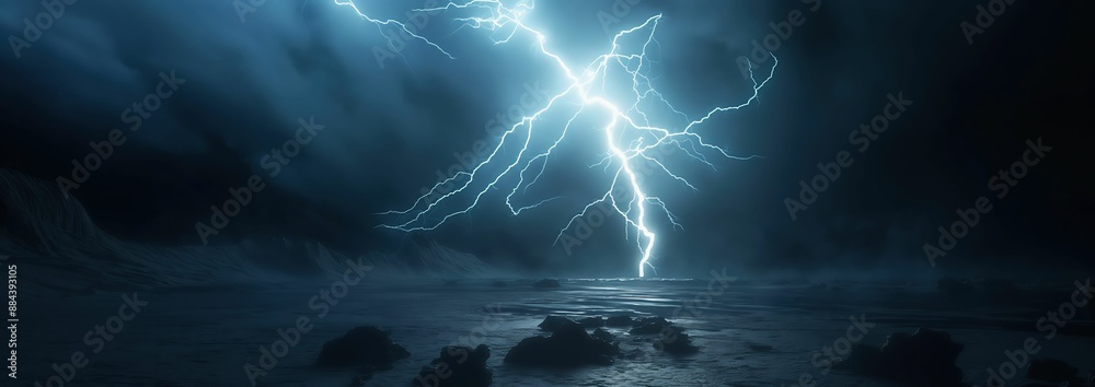 Dark blue lightning strikes over the sea in a hyper-realistic, high ...