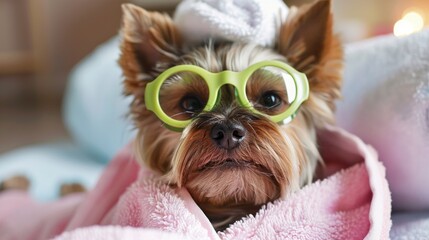 Wall Mural - A small dog is wearing green glasses and sitting on a pink towel