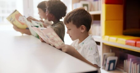 Aufkleber - School, students and kids reading book, story and education with learning, youth and fantasy. Group, studying and child development with knowledge, growth and happiness with hobby, relax and smile