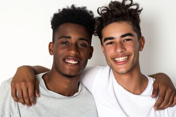 Sticker - Two young men are smiling and hugging each other. They are both wearing white shirts. Scene is happy and friendly