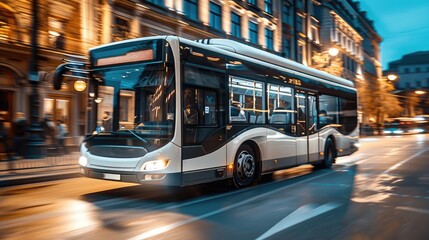 A modern city bus driving through a busy urban street at night, with buildings and street lights in the background.