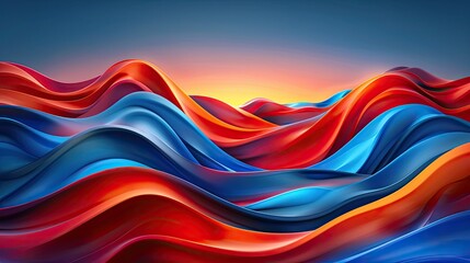 Fototapete - Vibrant abstract waves in red and blue hues creating a dynamic and colorful landscape against a gradient sunset sky.