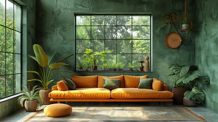 An eco-friendly living room brimming with greenery, featuring a large window, an orange sofa, and a plethora of plants, creating a vibrant and natural ambiance full of life and energy.