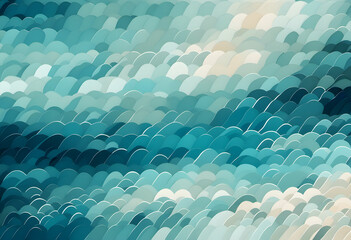 Wall Mural - Abstract digital painting with flowing, layered waves in shades of blue, teal, and orange.