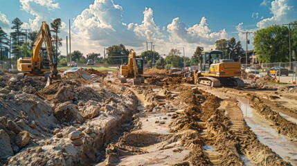 Commercial construction site with heavy equipment.