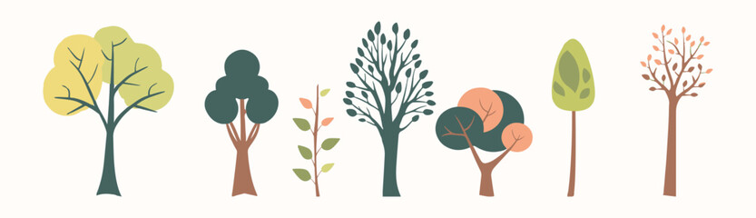 tree and leaf collection hand drawn flat design element. botanical set of bare trees and ones with l