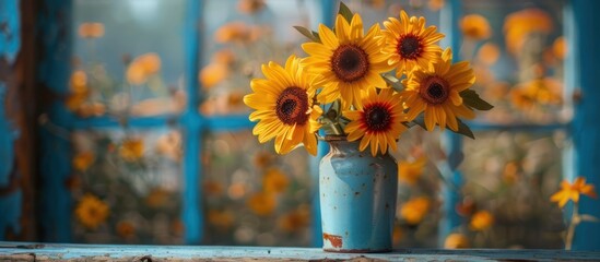 Wall Mural - Sunflowers in a Rustic Blue Vase