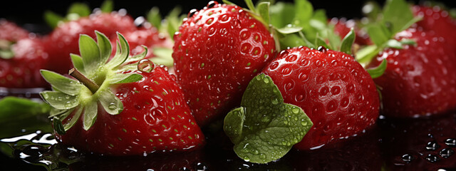 Poster - Macro Shot of Wet Strawberries with Green Leaves