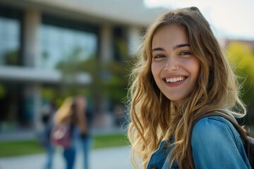 Poster - A happy young lady walking on campus, smiling confidently and exuding beauty and cheerful energy.