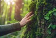 © TigerDude - Close-up of a hand touching a moss-covered tree trunk in a forest, with copy space for text and a blurred background, with natural green colors conveying an eco-friendly concept.
