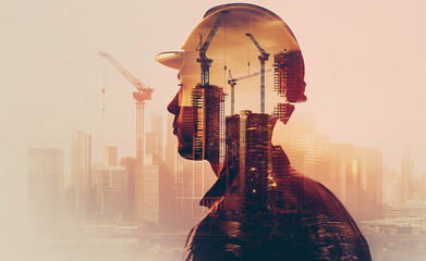 Double exposure of a construction worker with a city skyline and cranes.