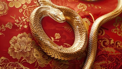 Golden Snake Coiled on Red Floral Fabric