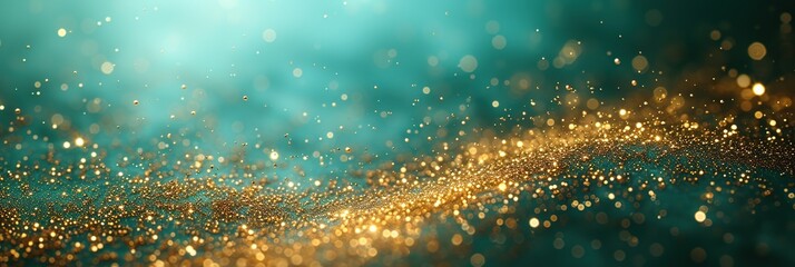 Wall Mural -  Banner, Shiny shining green and gold sparkles macro photo and blurred bokeh, background for Christmas, birthday and new year
