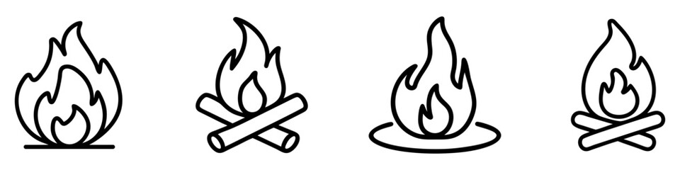 Sticker - Fire icons set. Simple drawn line art illustrations of fire icons symbolizing warmth, danger, and energy. Vector illustration