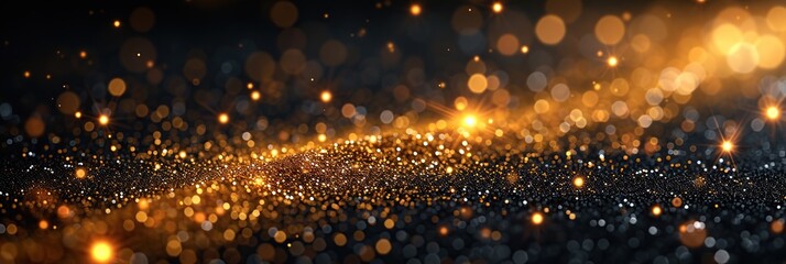 Wall Mural - Banner, Shiny shining dark and gold sparkles macro photo and blurred bokeh, background for Christmas, birthday and new year