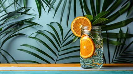 Canvas Print - Refreshing Summer Drink with Orange and Palm Leaves