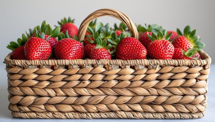 Wall Mural - A man holds a ripe red strawberry in a basket