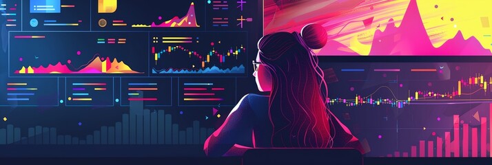Poster - A woman is sitting in front of a computer monitor with a lot of graphs
