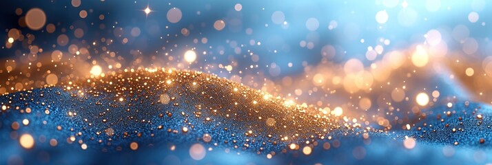 Wall Mural - Shiny shining blue and gold sparkles b macro photo and blurred bokeh, background for Christmas, birthday and new year