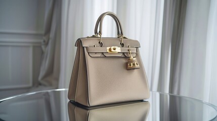 A premium leather handbag with gold accents, placed on a mirrored surface.