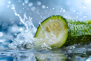 Fresh Sliced Cucumber with Water Splashes on a Reflective Surface