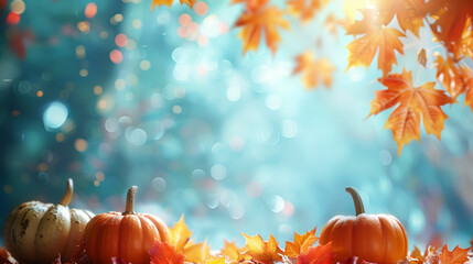 autumn background with pumpkins and autumn leaves on blue bokeh light abstract nature concept