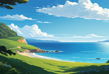 Wall Mural - Serene Coastal View with Blue Sky and Clouds