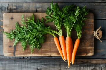 Sticker - Vibrant bunch of carrots with tops on a rustic wood cutting board, healthy food concept