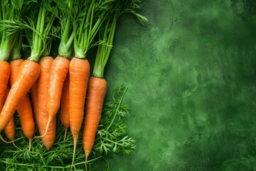 Poster - Top view of vibrant orange carrots with greens on a textured green surface with copy space